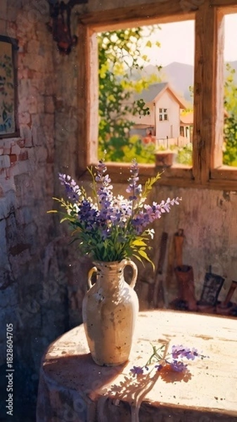 Obraz Floral Still Life Purple Flowers in Vase by the Window