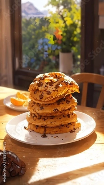 Obraz Chocolate Chip Cookies Stacked High Under Warm Light near Mountains