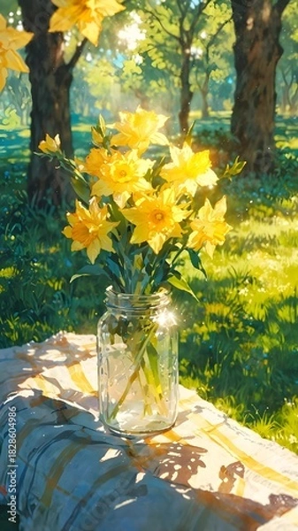 Obraz A radiant bouquet of yellow daffodils in a clear glass jar, catching the golden sunlight on a picnic blanket, symbolizing the fresh beauty of a peaceful spring morning in a vibrant garden