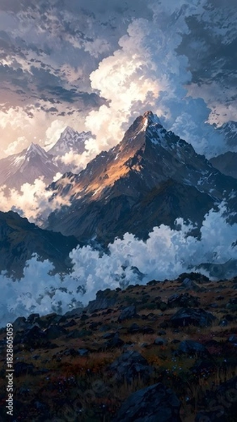 Obraz Majestic Mountain Peak Bathed in Golden Sunlight Amidst Dramatic Clouds and Rugged Terrain