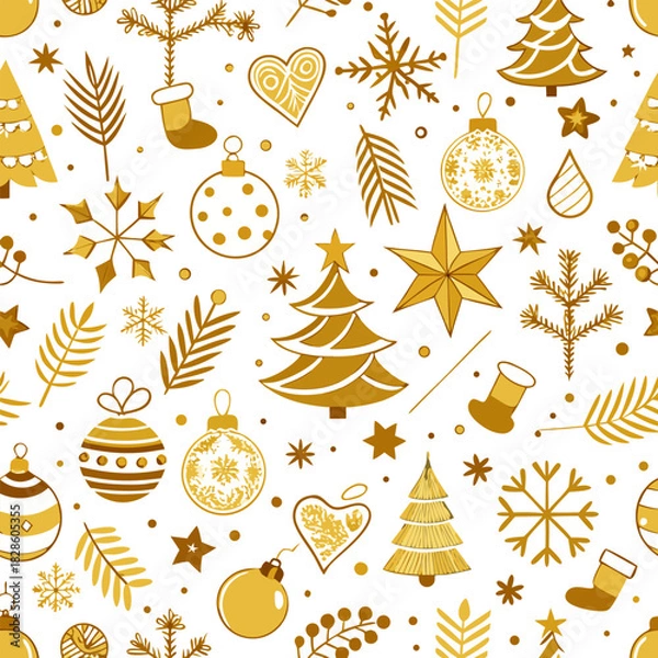 Obraz Christmas seamless pattern, gold New Year holiday background , white background