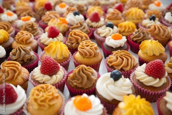 Obraz Assorted Cupcakes with Fruit Toppings - Celebration Dessert Display