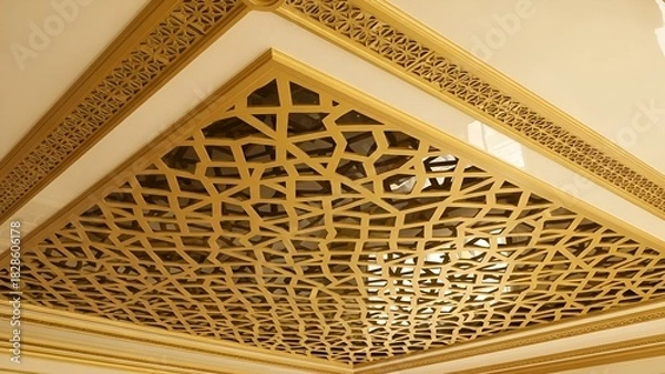 Fototapeta Stretch ceiling decoration image. Golden yellow 3d lattice pattern and decorative frame..