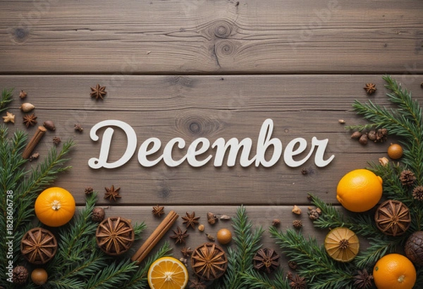 Fototapeta Festive background with fir branches, dried oranges, anise, cinnamon sticks and the word December on a wooden background. 3d rendering.