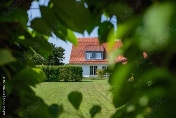 Obraz Charming House Through Lush Greenery - Suburban Home with Red Roof and Manicured Lawn