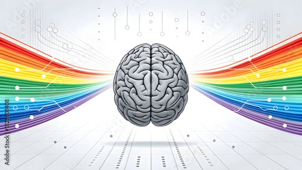 Fototapeta Human brain illustration with colorful digital lines and modern technology concept
