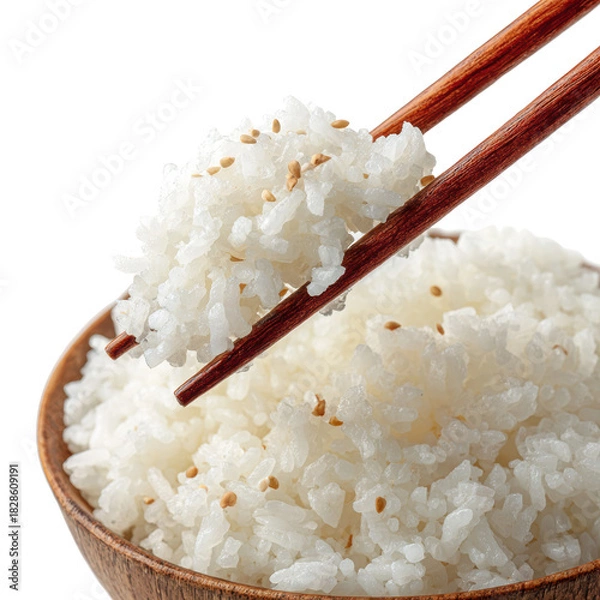 Fototapeta cooked white rice held with chopsticks in a bowl isolated on transparent background