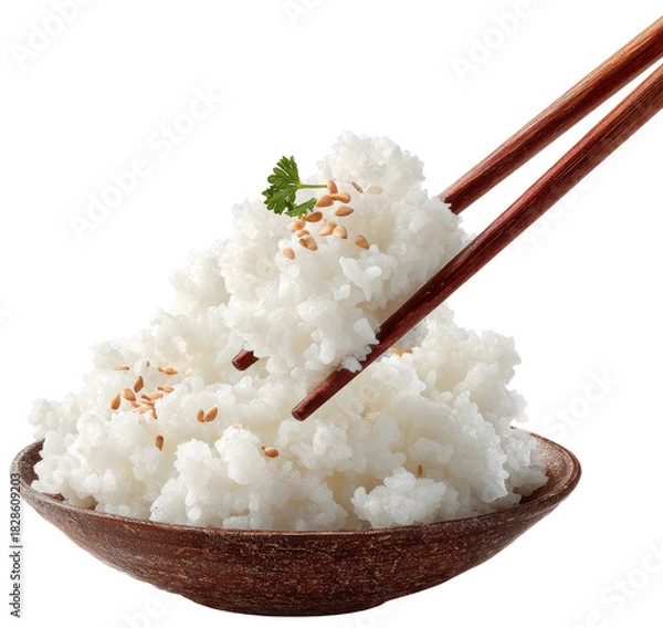 Fototapeta cooked white rice held with chopsticks in a bowl isolated on transparent background