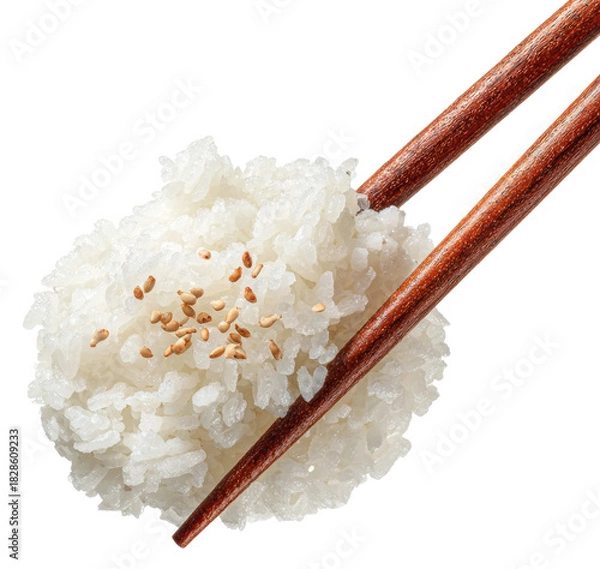 Fototapeta cooked white rice held with chopsticks isolated on transparent background