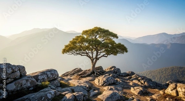 Fototapeta Lone Tree on Mountain Peak at Sunrise