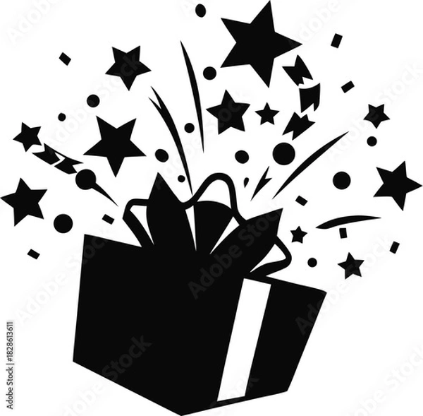 Obraz Gift box exploding with confetti shaped like stars. black Silhouette , white background