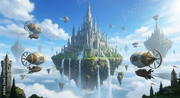 Fototapeta Epic Fantasy Castle City on Floating Islands with Airships