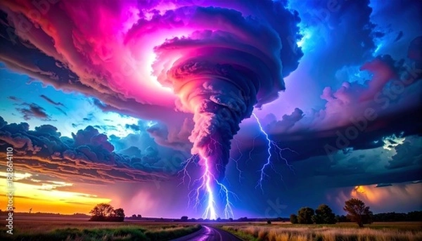 Fototapeta カラフルな稲妻・雷・竜巻. AI generated.