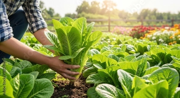 Fototapeta Person harvesting fresh lettuce from an organic garden under sunny sky