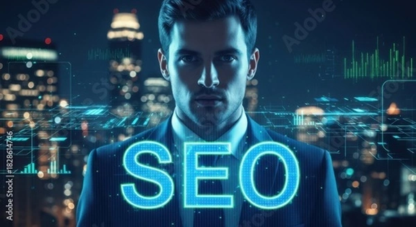 Fototapeta Professional Man Standing Against Digital SEO Data Overlay