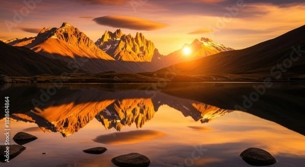 Fototapeta Golden Mountain Peaks Reflected in Serene Lake at Sunrise