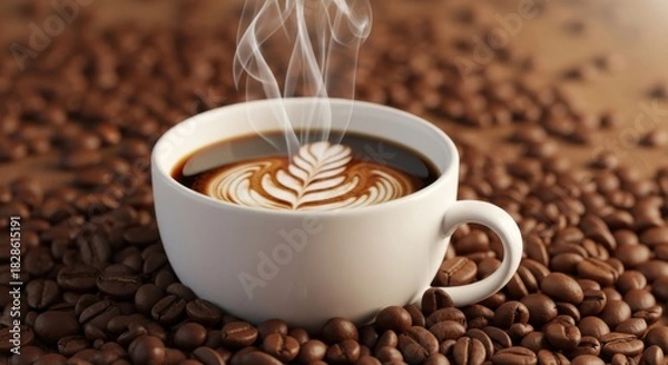 Fototapeta Steaming hot coffee with latte art on roasted coffee beans