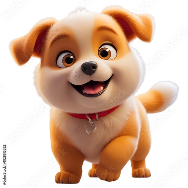 Obraz Chubby 3D Cartoon Puppy Dog Character with Red Collar and Big Smile