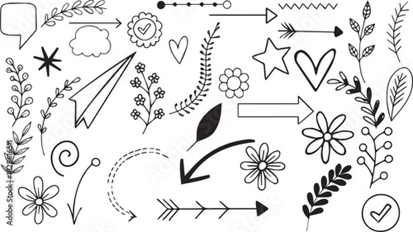 Obraz Hand drawn floral design set with decorative flower elements