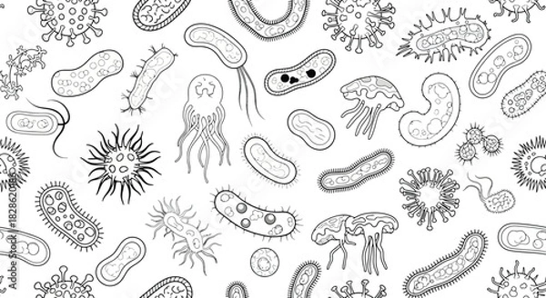Fototapeta Microorganism Seamless Pattern: Black and White Vector Background of Bacteria, Virus and Germs
