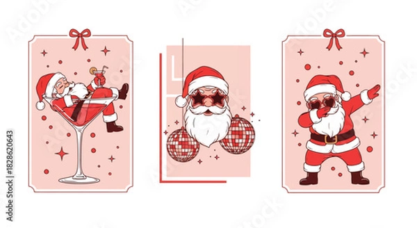 Fototapeta Retro Santa Christmas Vector Illustration Set Featuring Santa Relaxing, Dancing and Partying.