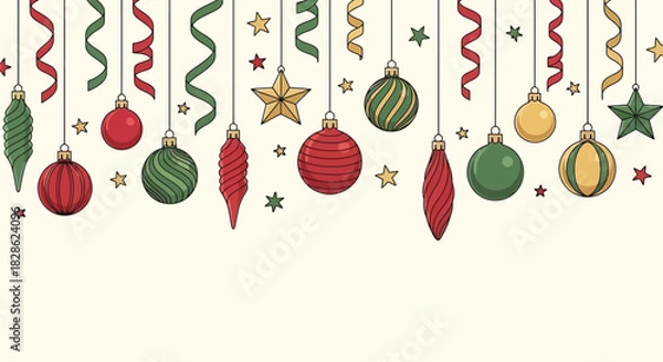 Obraz Colorful Christmas Ornaments, Stars, and Ribbons Hanging for Holiday Decoration Vector Illustration