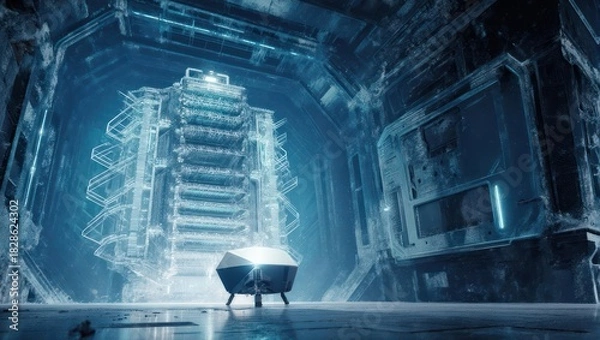 Fototapeta Futuristic Holographic Blueprint Display in a Sci-Fi Laboratory.