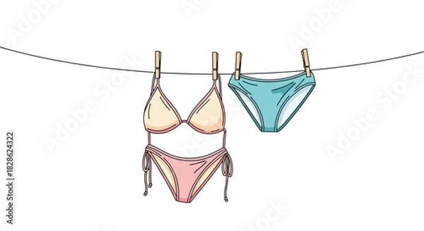 Obraz Bikini hanging on clothesline, summer vacation is approaching, vector illustration