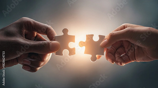 Obraz Connecting puzzle pieces teamwork collaboration solution partnership concept hands joining