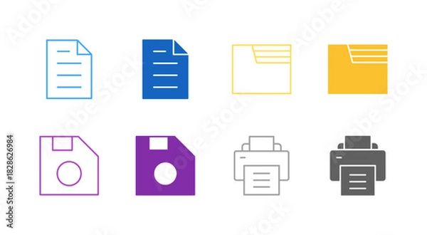 Fototapeta Flat Colored File and Document Icon Set in Outline and Solid Style for Data Management and Storage