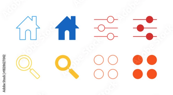 Fototapeta Flat Colored Essential Navigation Icon Set in Outline and Solid Style for App and Web User Interface