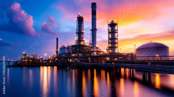 Obraz Oil refinery industry operating at colorful sunset