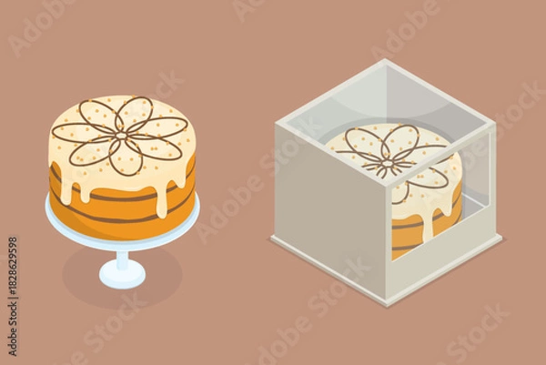 Fototapeta Сake packed in a box with a transparent lid and a cake on a plate. Festive dessert for a birthday. Isometric flat illustration yummy dessert.