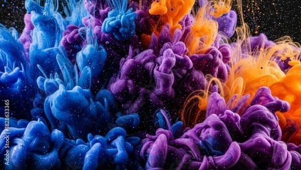 Fototapeta Dynamic splash of vibrant colors, perfect for modern design projects and striking visuals, a captivating blend of blue, purple and orange hues