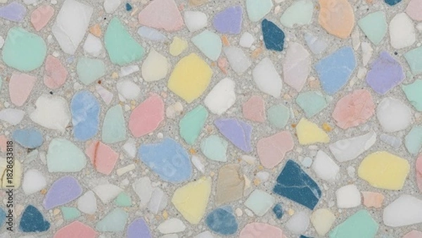Fototapeta Pastel terrazzo texture with colorful chips for modern interior design projects and trendy backgrounds, offering a fresh and playful aesthetic
