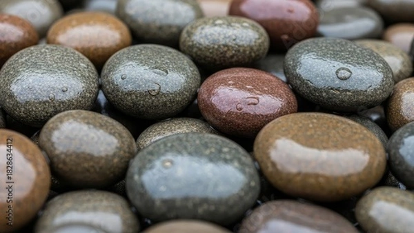 Fototapeta Tranquil collection of smooth wet stones for wellness and spa designs, perfect for conveying peace, relaxation, and grounding in your projects