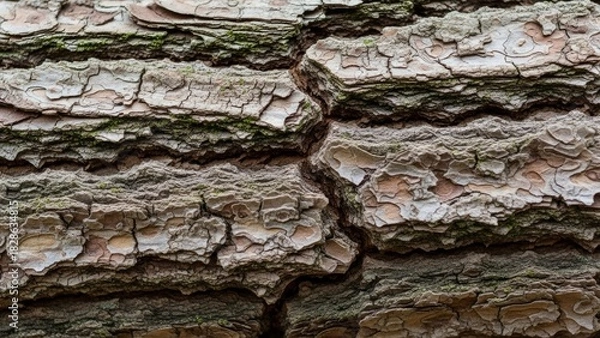 Fototapeta Textured tree bark close-up evokes natural patterns, ideal for backgrounds, nature themes, or environmental projects with organic and earthy tones
