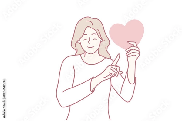 Obraz female figure displays affection while advocating social goodwill and unity, cheerful woman making peace sign and heart shape to encourage friendliness and community support