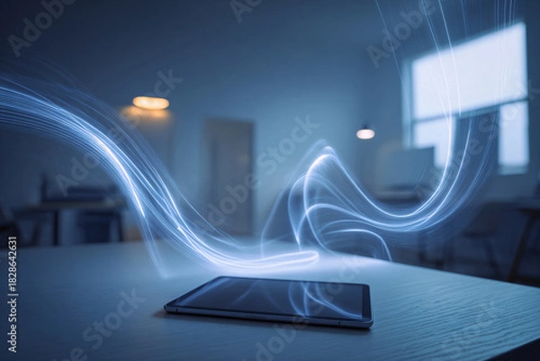 Obraz Creative Workspace with Glowing AI Light Trails
