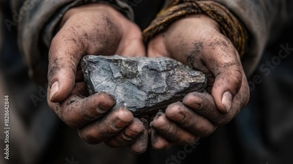 Obraz Close up shot of a female engineer's hands, cradling a piece of freshly excavated Lanthanum rare earth element. The hands are slightly soiled with earth, showing she has been working.