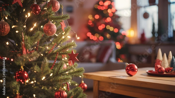 Fototapeta Festive Christmas tree adorned with sparkling red ornaments and twinkling lights, creating a warm and inviting holiday atmosphere in a cozy living room