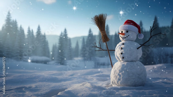 Fototapeta Celebrate a magical winter with a whimsical snowman in a snowy forest, perfect for holiday cheer, greeting cards, and adding a touch of festive joy