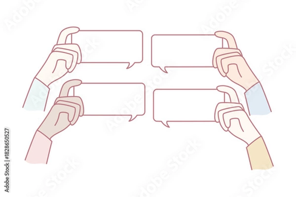 Obraz multiple hands holding empty speech bubbles representing conversation and feedback, varied hand positions