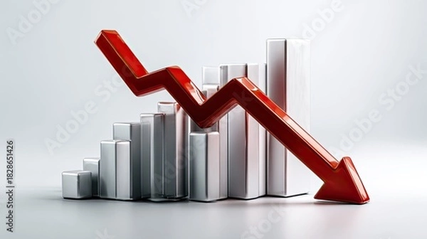 Obraz Economic Decline: The image represents a significant downward trend, with a stark red arrow pointing downwards, over a series of declining bars, which represents the business graph