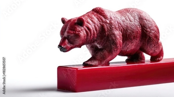 Obraz Red Bear on the Edge: A powerful, crimson-colored bear confidently strides along a rectangular, red structure, embodying strength and determination.