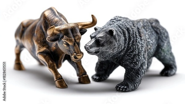 Fototapeta Stock Market Symbolism: A bronze bull and a gray bear, iconic symbols of the stock market, stand face-to-face, embodying the concepts of bullish and bearish market trends.