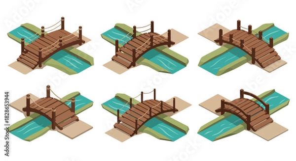 Obraz Wooden bridge over stream isometric set