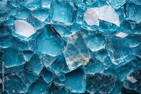Fototapeta Shattered light blue glass fragments scattered on background abstract texture broken transparency sharp edges reflective surface modern minimal artistic composition