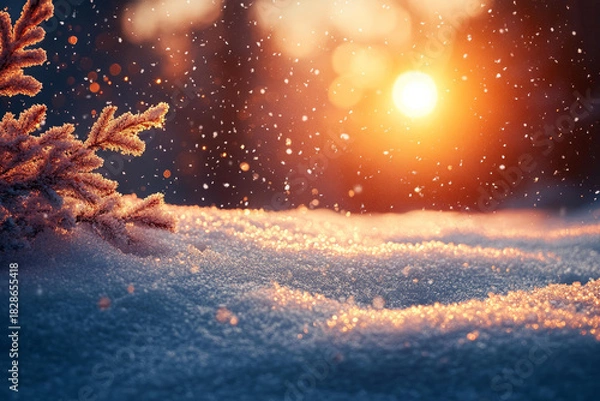 Fototapeta Snowy background with bright sunlight and pine branch winter scene crisp fresh outdoors space reserved for text clean seasonal composition