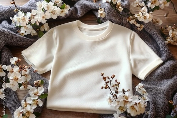 Fototapeta White T-shirt mockup surrounded by blooming spring branches fresh floral composition vibrant seasonal design space for branding or text placement